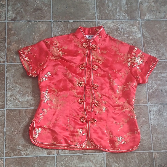 Tangi Tops - EYC TangiRed Satin Chinese Style Button-Up Top with Gold Floral Detail